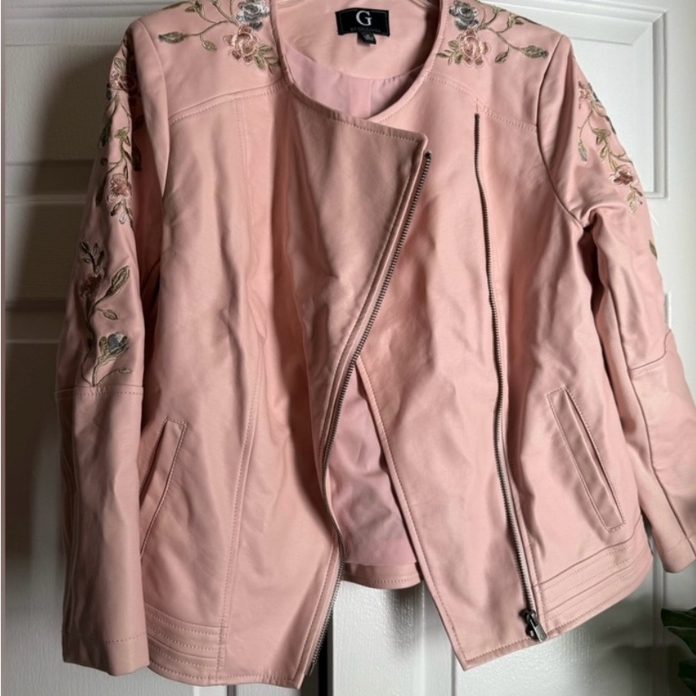 Embroidered Blush Pink Women's Faux Leather Jacket Sz M Moto Boho Baddie Rocker - Picture 2 of 10